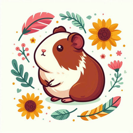 Cute guinea pig with flowers and leaves. Vector illustration.のイラスト素材