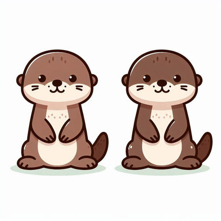 Two cute otters sitting on a white background. Vector illustration.のイラスト素材