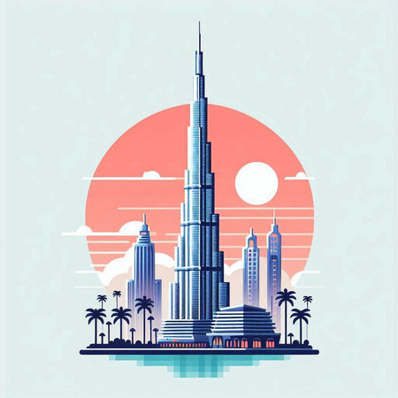Dubai skyline with skyscrapers and palms. Vector illustration.のイラスト素材