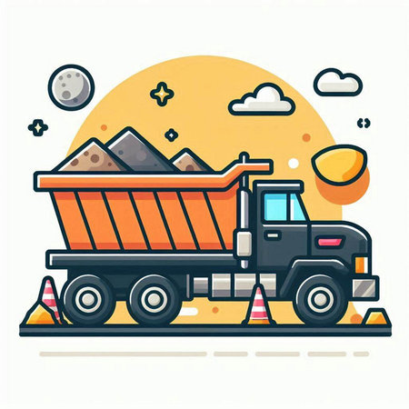 Dump truck flat color vector icon. Construction equipment. Roadwork, roadwork, transportation concept for banner, website design or landing web pageのイラスト素材