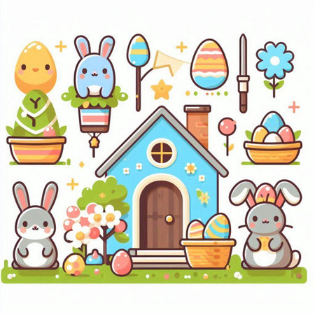 Easter vector illustration with cute bunny, house, eggs and flowers. Happy Easter concept.のイラスト素材