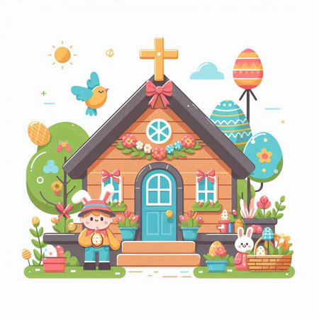 Easter greeting card. Cute little boy in bunny ears decorating Easter wooden house with flowers, eggs and birds. Vector illustration.のイラスト素材