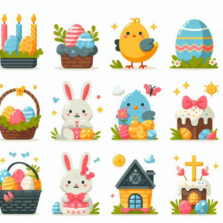 Easter icons set. Cute bunny, eggs, cake, chicken, easter basket. Vector illustration.のイラスト素材