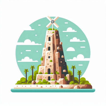 Vector illustration of a sandcastle with windmill in the background.のイラスト素材