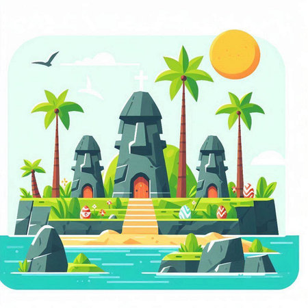 Tropical island with palm trees and rocks. Vector illustration.のイラスト素材