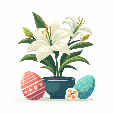 Easter eggs and lily flowers in a pot. Vector illustration.のイラスト素材