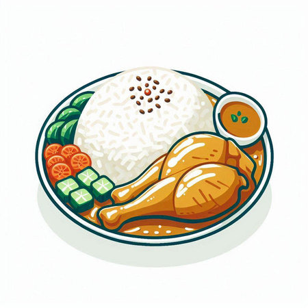 Illustration of a plate of rice and chicken on a white backgroundのイラスト素材