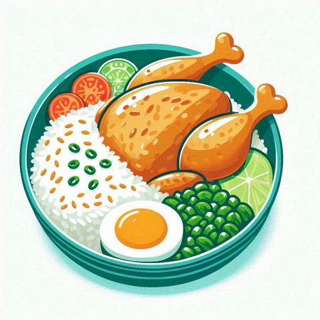 Illustration of fried chicken with rice, egg and vegetables on a plateのイラスト素材