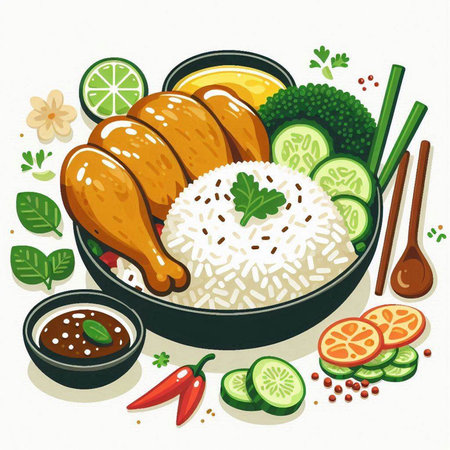 Illustration of a bowl of rice with chicken legs and vegetables.のイラスト素材