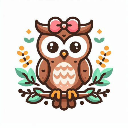 Owl with floral wreath. Cute cartoon character. Vector illustration.のイラスト素材