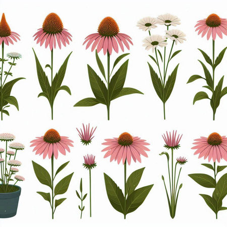 Echinacea flowers on a white background. Set of vector illustrations.のイラスト素材