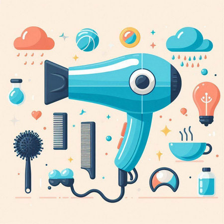 Hairdryer, hairbrush, comb, shampoo, shampoo, bath foam, shampoo and other things. Flat style vector illustration.のイラスト素材