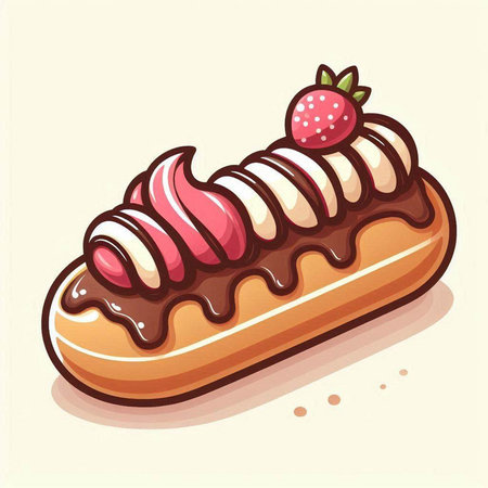 Illustration of a Chocolate Eclair with Strawberry and Chocolate Glazeのイラスト素材