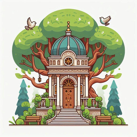 Gothic church building with trees and birds. Vector illustration.のイラスト素材