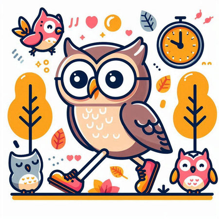 Cute cartoon owl in the forest. Colorful vector illustration.のイラスト素材