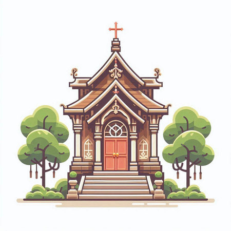 Wooden church with trees on a white background. Vector illustration.のイラスト素材