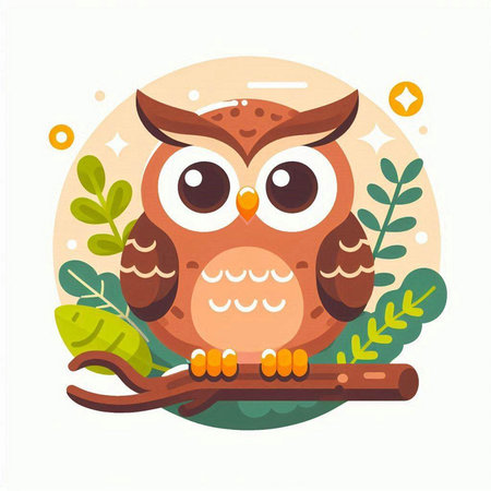 Owl sitting on a branch. Cute cartoon vector illustration.のイラスト素材