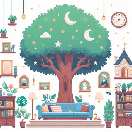 Vector illustration of a cozy living room with a large tree, a sofa, a bookshelf, a bookcase, a cup of coffee and a book.のイラスト素材