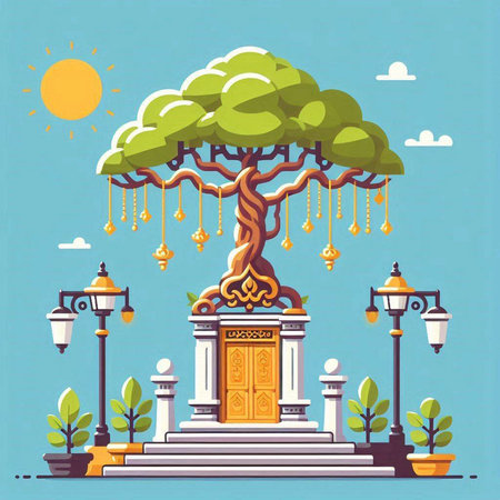 Buddhist temple with tree and lanterns. Vector illustration.のイラスト素材