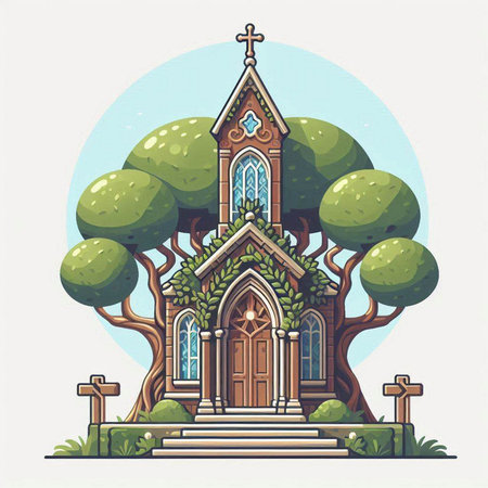 Gothic church with a green tree in the background. Vector illustration.のイラスト素材