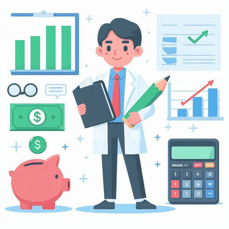 Male doctor with clipboard, calculator and piggy bank. Vector illustrationのイラスト素材