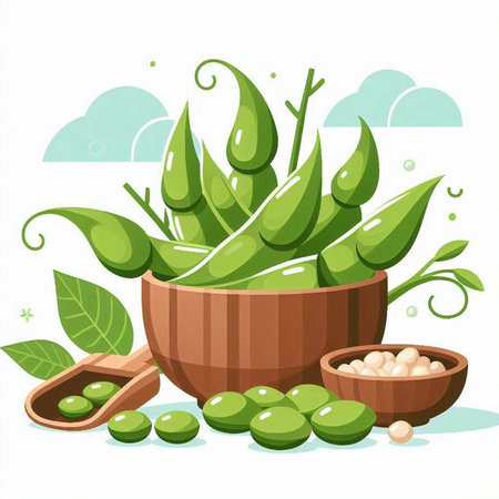 Fresh green soybeans in wooden bowl and wooden spoon. Vector illustration.のイラスト素材