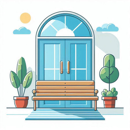Wooden bench on the porch of the house. Vector illustration.のイラスト素材