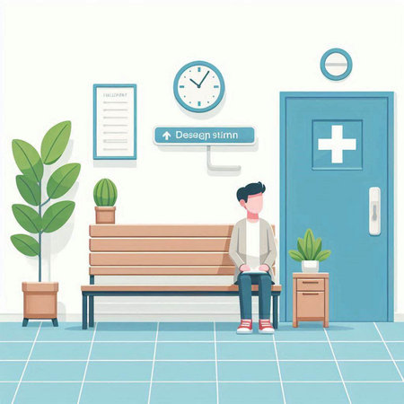 Man sitting on bench waiting for a doctor. Vector illustration in flat styleのイラスト素材