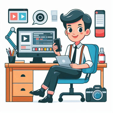 Young man working at home. Freelance, remote work. Vector illustrationのイラスト素材