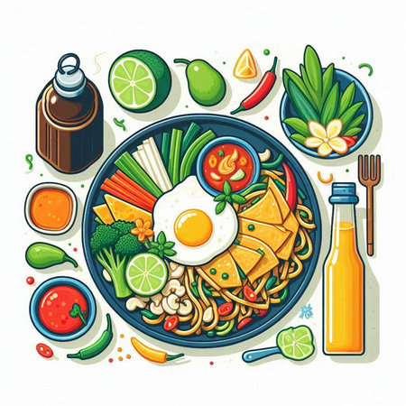 Noodles with vegetables and eggs in a plate. Vector illustration.のイラスト素材