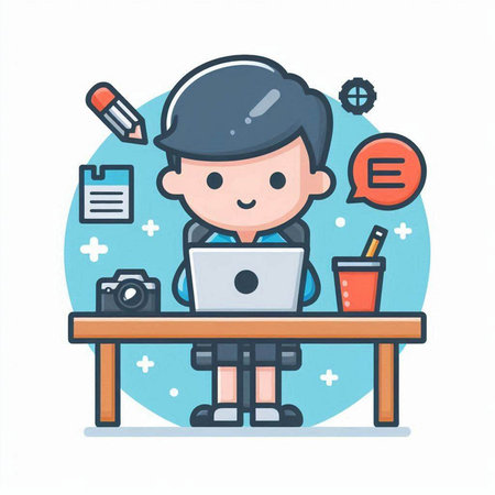 Vector illustration of boy working on laptop in office. Flat style design.のイラスト素材