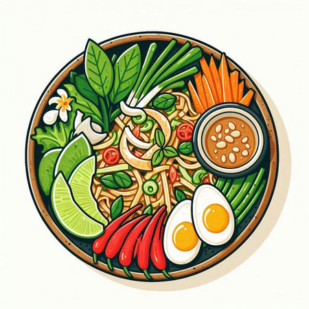 Bowl of asian noodle with vegetables and egg, vector illustrationのイラスト素材