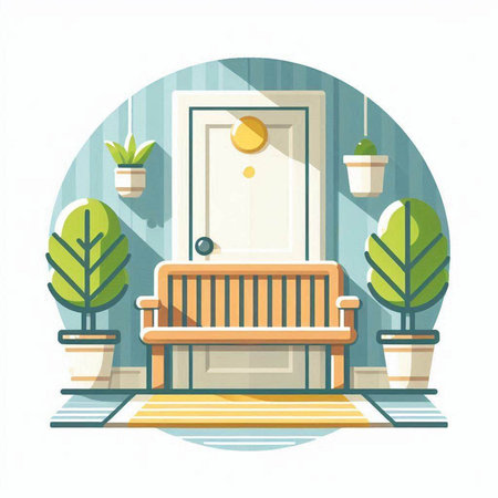 Wooden bench with a door in the park. Vector illustration.のイラスト素材