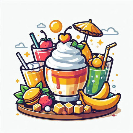 Cocktail with ice cream and fruits. Vector illustration on white background.のイラスト素材