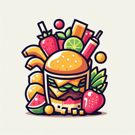 Hamburger with fruits and berries. Vector illustration of fast food.のイラスト素材