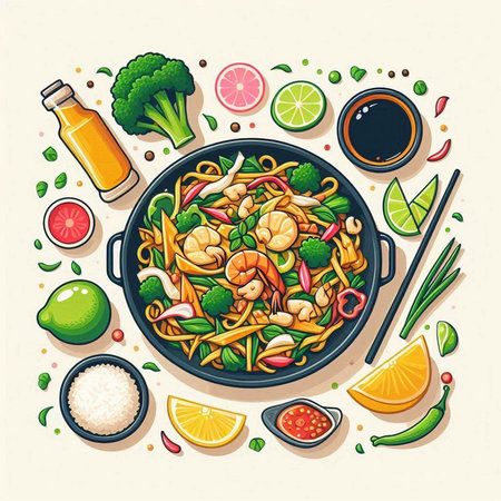 Noodles with shrimps and vegetables in a wok. Vector illustration.のイラスト素材