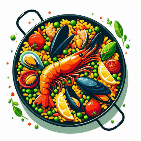 Seafood paella with shrimps, mussels, tomatoes, peas and lemon. Vector illustration.のイラスト素材