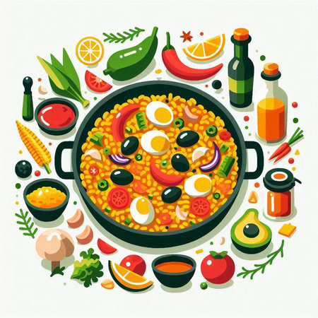 Vector illustration of Spanish paella in a frying pan with ingredients.のイラスト素材