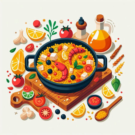 Colorful vector illustration of paella in a pan with ingredients for cookingのイラスト素材