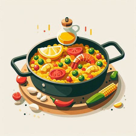Vegetable paella in a frying pan. Vector illustration.のイラスト素材