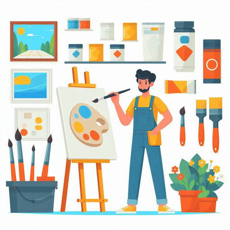 Painter in uniform with palette and brushes. Artist painting picture on canvas. Flat vector illustrationのイラスト素材