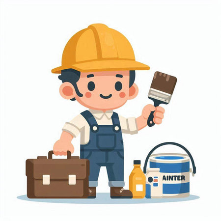 Cute little builder with tools. Vector illustration in cartoon style.のイラスト素材