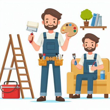 Painter and painter at work. Vector illustration in cartoon style.のイラスト素材