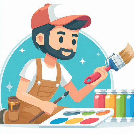 Painter at work. Vector illustration in cartoon style isolated on white background.のイラスト素材
