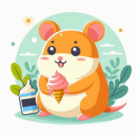 Cute cartoon hamster with ice cream. Vector illustration in flat style.のイラスト素材