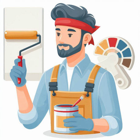 Painter with paint bucket and roller. Vector illustration in cartoon styleのイラスト素材