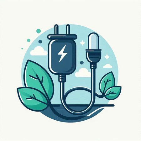 Electrical plug and green leaves. Alternative energy concept. Vector illustration.のイラスト素材