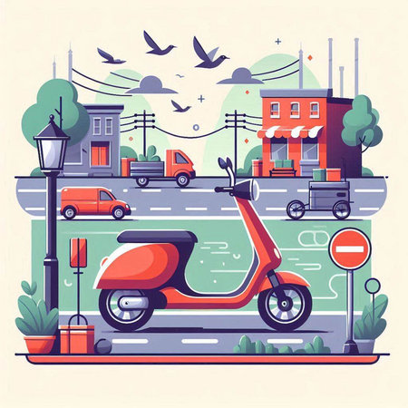 Vintage scooter on the street. Vector illustration in flat styleのイラスト素材
