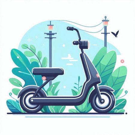 Modern scooter in the park. Vector illustration in flat style.のイラスト素材