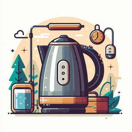 Modern electric kettle and travel accessories. Vector illustration in flat style.のイラスト素材